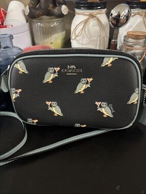 Coach Black Crossbody with Light Blue Trim and Owl Print